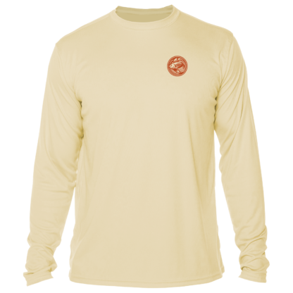 A men's beige long sleeve t-shirt with an orange logo, perfect for fishing.