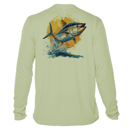 A men's long sleeve fishing shirt with an image of a tuna.