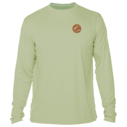 A men's green long sleeve fishing shirt with a brown logo.