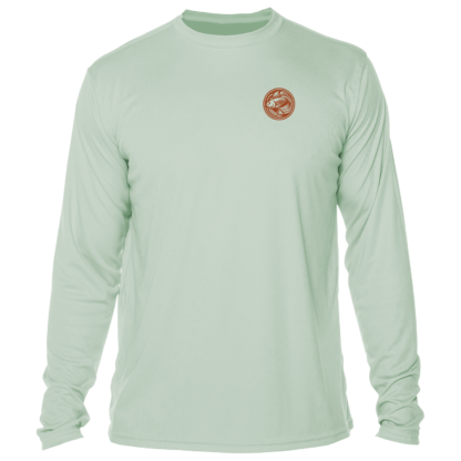 The men's green long sleeve UV shirt with a brown logo.
