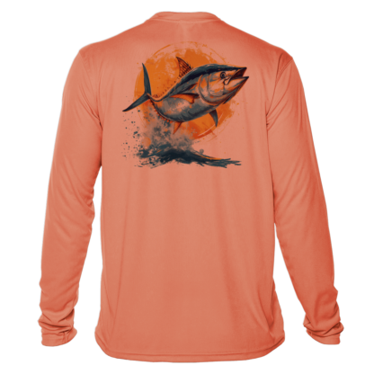 A men's orange long sleeve UV performance shirt with an image of a tuna.