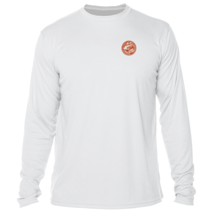 Men's white long sleeve UV shirt with an orange logo.