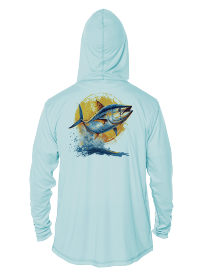 A blue hoodie with an image of a tuna, perfect for fishing enthusiasts.