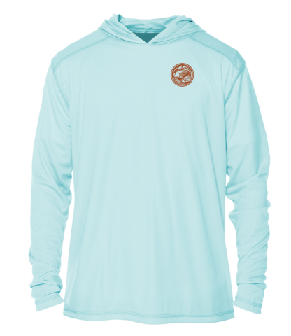 The men's blue hoodie features a brown logo.