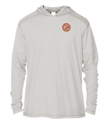 The men's grey hoodie has an orange logo on it.