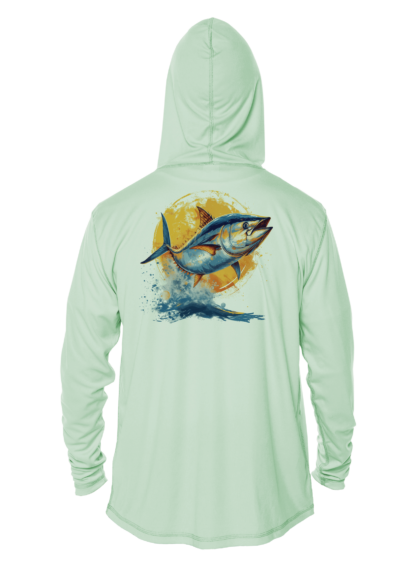 A men's hoodie with a tuna image, perfect for fishing enthusiasts.