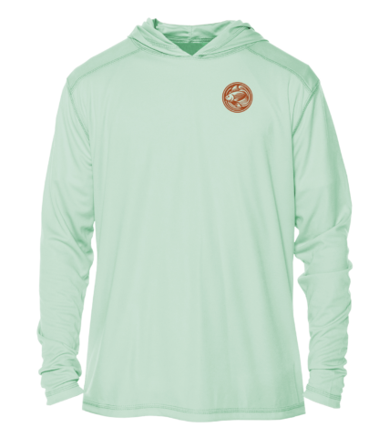 A men's green hoodie with a brown logo.