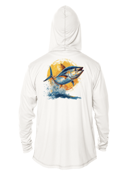 A white hoodie with an image of a tuna, perfect for fishing enthusiasts.