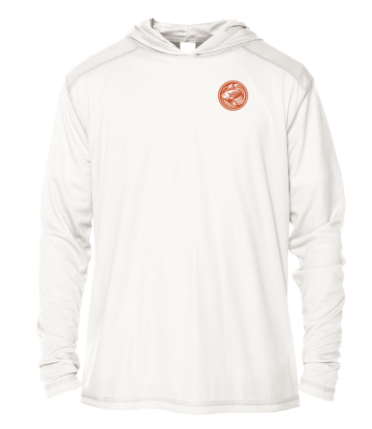 A white hoodie with an orange logo on it.