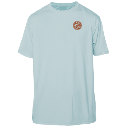 A light blue t-shirt with a brown logo, perfect for sunny days.