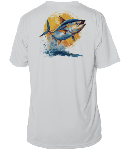 A white fishing shirt with an image of a tuna.