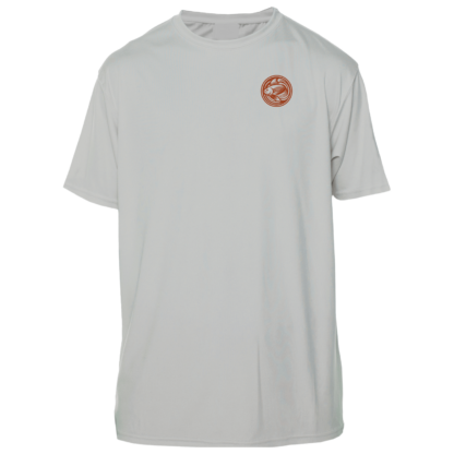 A white UV shirt with an orange logo on it.