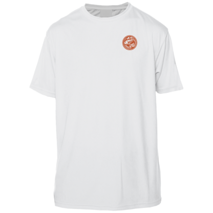 A white fishing shirt with an orange logo.
